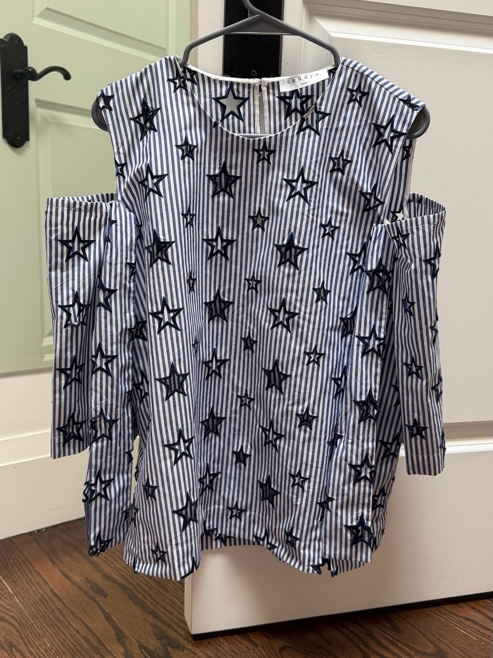 Sandro Blue and White Striped Star Embroidered Top